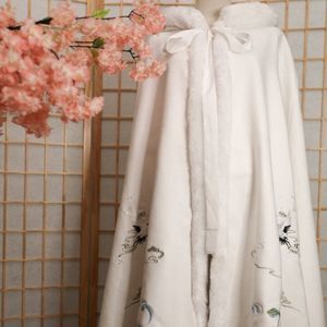 Fleece Hooded Cloak with Oriental Embroidery | Traditional Lotus Floral Cape